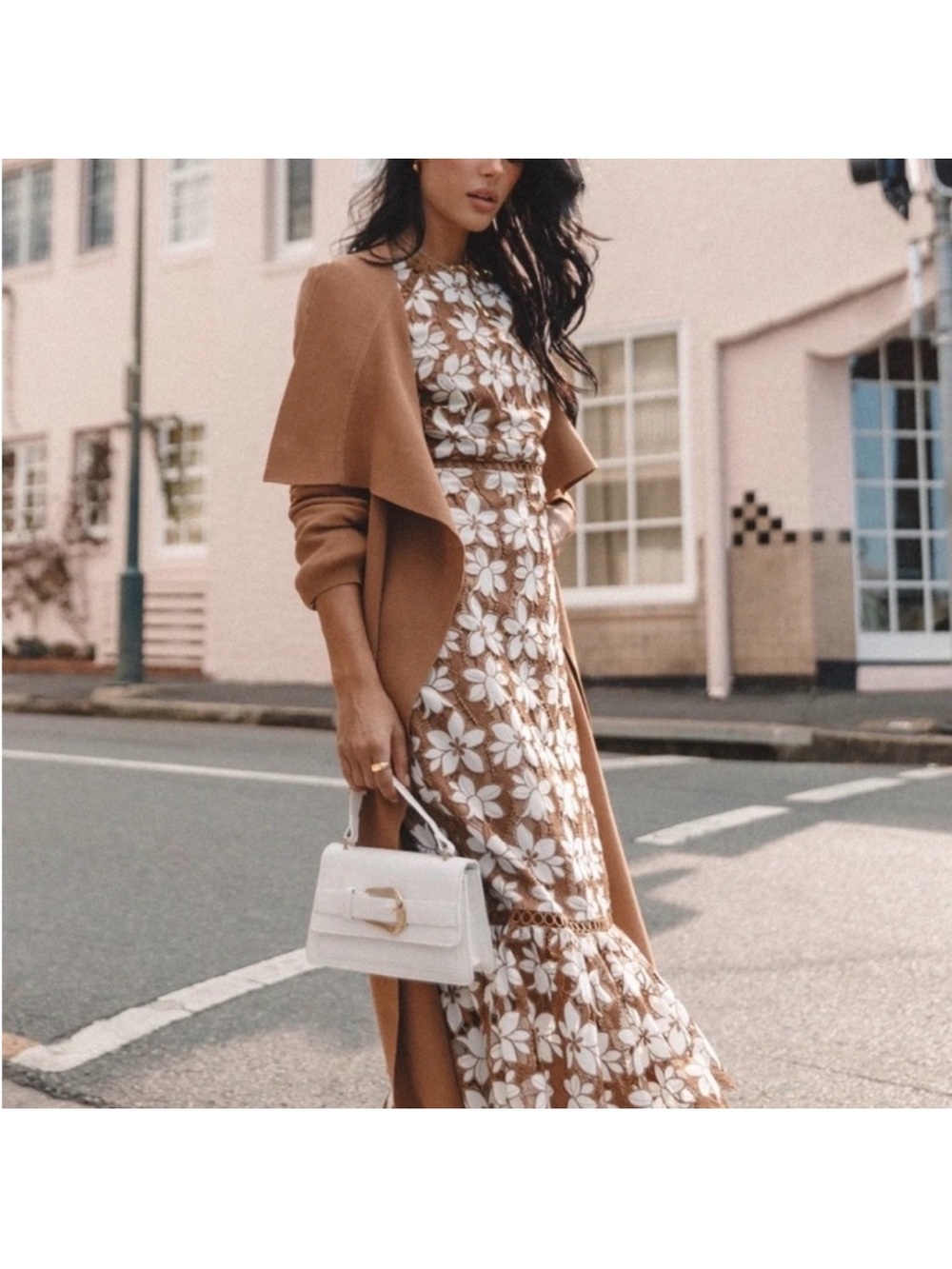 Petal & Pup Camel and White Floral Lace Tiered Maxi Dress